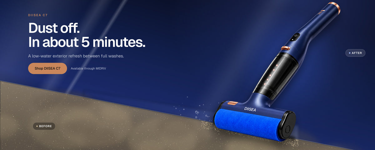 DIISEA C7 cleaning a clean path through dust on dark glass. Dust off. In about 5 minutes.